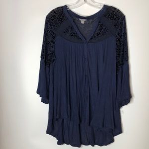 Falls Creek Womans Top Blouse lacy Yoke Blue Large L